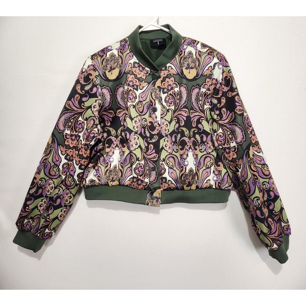 Tahari Womens XL Paisley Bomber Jacket Cropped Snap‎ Front Floral Lightweight
